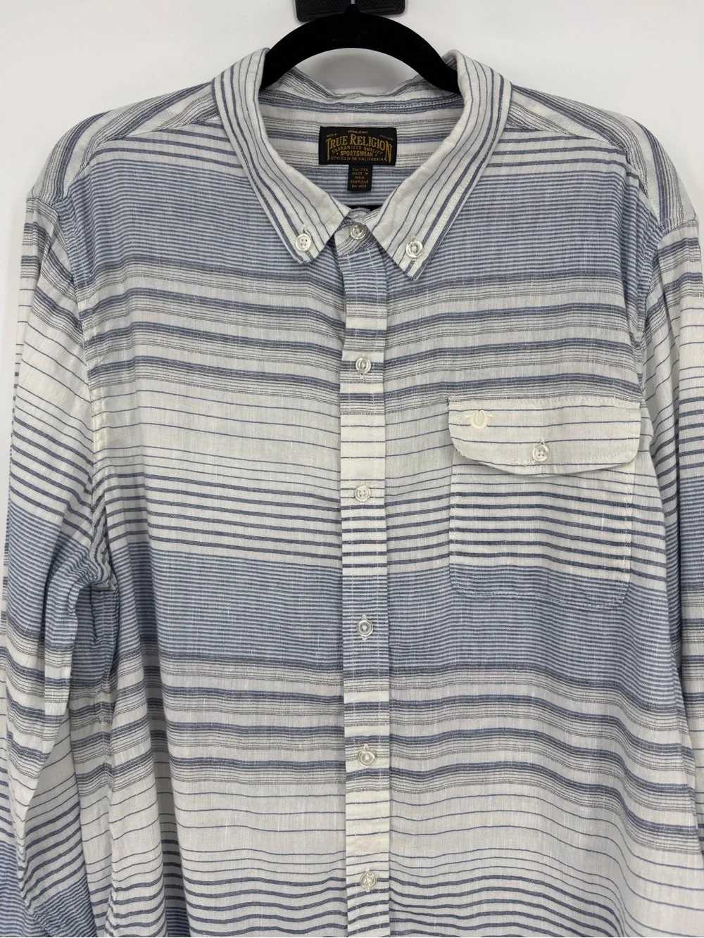 True‎ Religion Linen Cotton Striped Button Up Shirt XXL Coastal Beach Nautical